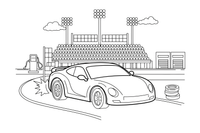 A sports car on a race track with grandstands behind – Sports Cars coloring page