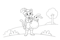 Puss in Boots catching a rabbit in his sack in the meadow – Puss in Boots Story coloring page