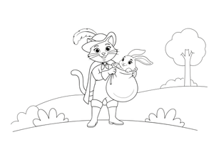 Puss in Boots catching a rabbit in his sack in the meadow – Puss in Boots Story coloring page