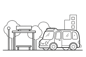 A bus stop with a bus arriving – Vibrant City Places coloring page