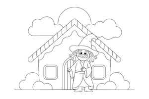 A old witch with a pointy hat standing at her door – Hansel and Gretel Story coloring page