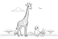 A tall giraffe standing next to a short little duck – Opposite Concepts coloring page