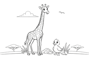 A tall giraffe standing next to a short little duck – Opposite Concepts coloring page