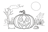 A carved jack-o’-lantern with a jagged grin glowing – Spooky Halloween coloring page