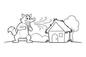 A big wolf huffing and puffing, blowing at the straw house (wind shown as simple curved lines) – The Three Little Pigs Story coloring page
