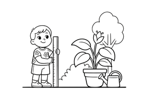 A child measuring how tall their plant has grown – Complete Plant Life Cycle coloring page
