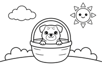 Pug peeking out of a basket – Playful Pug Dog coloring page