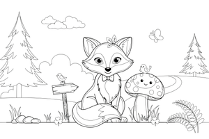 A fox sitting next to a mushroom – Fox in the Wild coloring page