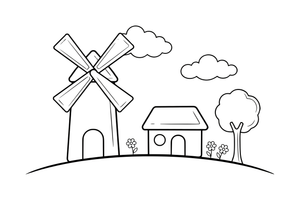 A windmill with a little cottage beside it – Windmill coloring page