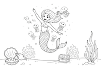 Mermaid dancing among glowing jellyfish – Mystical Mermaid coloring page
