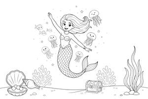 Mermaid dancing among glowing jellyfish – Mystical Mermaid coloring page