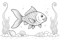 A goldfish with pebbles and shells below – Goldfish coloring page