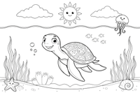 A large sea turtle with big flippers gliding near the surface with the sun above and seaweed below – Gentle Sea Turtle coloring page