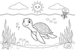 A large sea turtle with big flippers gliding near the surface with the sun above and seaweed below – Gentle Sea Turtle coloring page