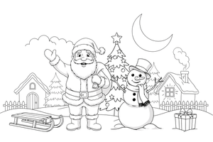 Santa waving next to a snowman – Santa Christmas Winter coloring page