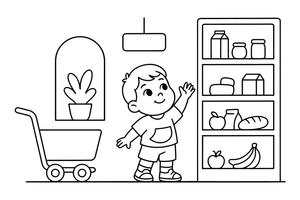 A child reaching for something on a shelf – Cozy Grocery Store coloring page