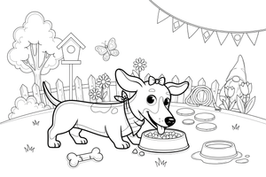 Dachshund eating from a food bowl – Busy Dachshund Dog coloring page