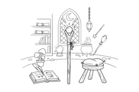 A wizard's staff with a glowing top – Enchanted Magic Item coloring page