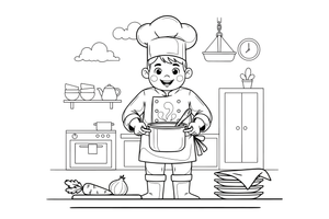 A chef in a big hat holding a pot – Busy Job Workers coloring page