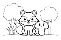 A fox sitting next to a mushroom – Fox in the Wild coloring page