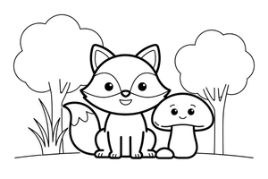 A fox sitting next to a mushroom – Fox in the Wild coloring page