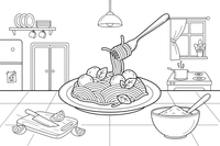 A plate with pasta and a fork twirl – Cozy Kitchen Cooking coloring page