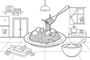 A plate with pasta and a fork twirl – Cozy Kitchen Cooking coloring page
