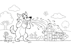 A big wolf huffing and puffing, blowing at the straw house (wind shown as simple curved lines) – The Three Little Pigs Story coloring page