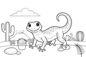 One big gecko up close, filling the page, its wide toes and long tail clear – Reptiles & Amphibians coloring page