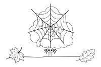 A spider web sparkling with dew on an autumn morning (web as simple lines) – Autumn Time Autumn Leaves coloring page
