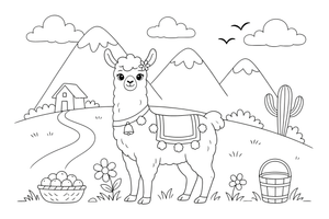 A llama with pom-poms on its harness – Llama coloring page