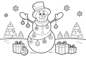 Snowman decorated with baubles – Christmas Winter Reindeer coloring page