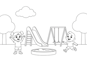 A sunny park playground with children – Playground coloring page