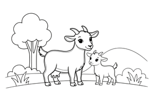 A mama goat with her little kid – Goat coloring page