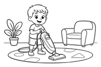 A child vacuuming the living room carpet – Chores & Helping coloring page