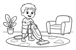 A child vacuuming the living room carpet – Chores & Helping coloring page