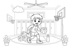 A cute kid in a basketball jersey holding a ball – Dynamic Basketball Players coloring page