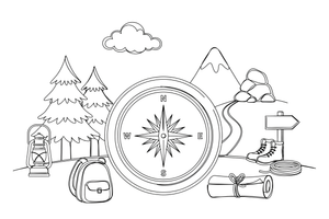 A round compass with a needle pointing north – Adventure Gear coloring page