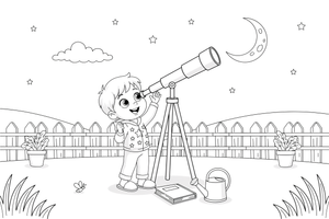 A child looking at the moon through a telescope – The Moon coloring page