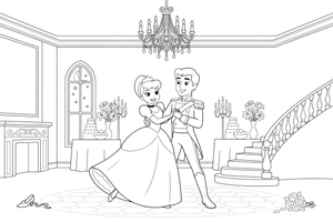 Cinderella and the prince dancing under a big chandelier – Charming Cinderella Story coloring page