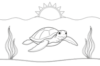 A large sea turtle with big flippers gliding near the surface with the sun above and seaweed below – Gentle Sea Turtle coloring page