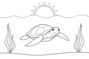 A large sea turtle with big flippers gliding near the surface with the sun above and seaweed below – Gentle Sea Turtle coloring page