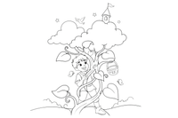 Jack peeking out from the top of the beanstalk into the clouds – Jack and the Beanstalk Story coloring page