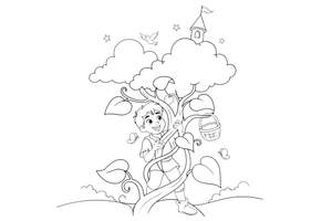 Jack peeking out from the top of the beanstalk into the clouds – Jack and the Beanstalk Story coloring page
