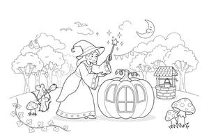 Fairy Godmother turning a pumpkin into a carriage – Fairy Godmother Fairy Scenes coloring page