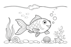 A goldfish with pebbles and shells below – Goldfish coloring page