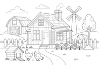 A farmhouse with a fence and a garden – Farmhouse coloring page