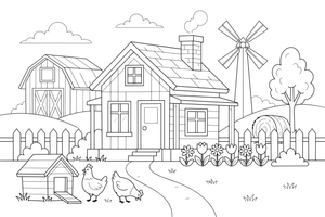 A farmhouse with a fence and a garden – Farmhouse coloring page