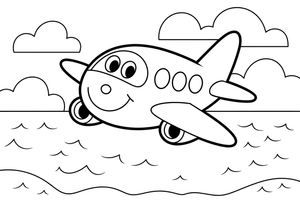 Airplane Flying Over the Sea – Airplane Sky Scenes coloring page