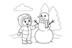 A child building a snowman with a carrot nose and a scarf – Four Seasons coloring page